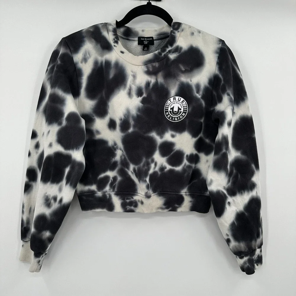 True Religion Tie Dye Cropped Crewneck Sweatshirt Women's Size‎ S/P Black White